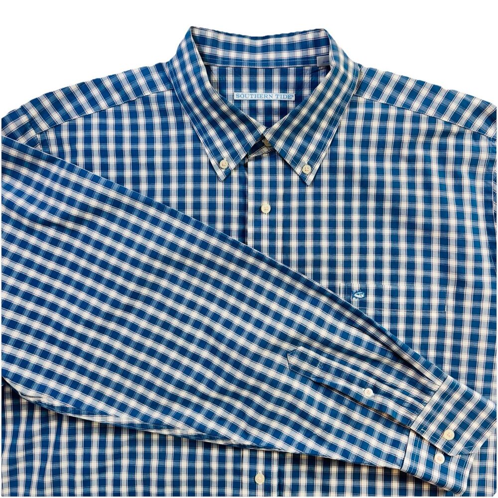 Southern Tide Mens XXL Blue Plaid Long Sleeve Button Down Shirt 100% Cotton